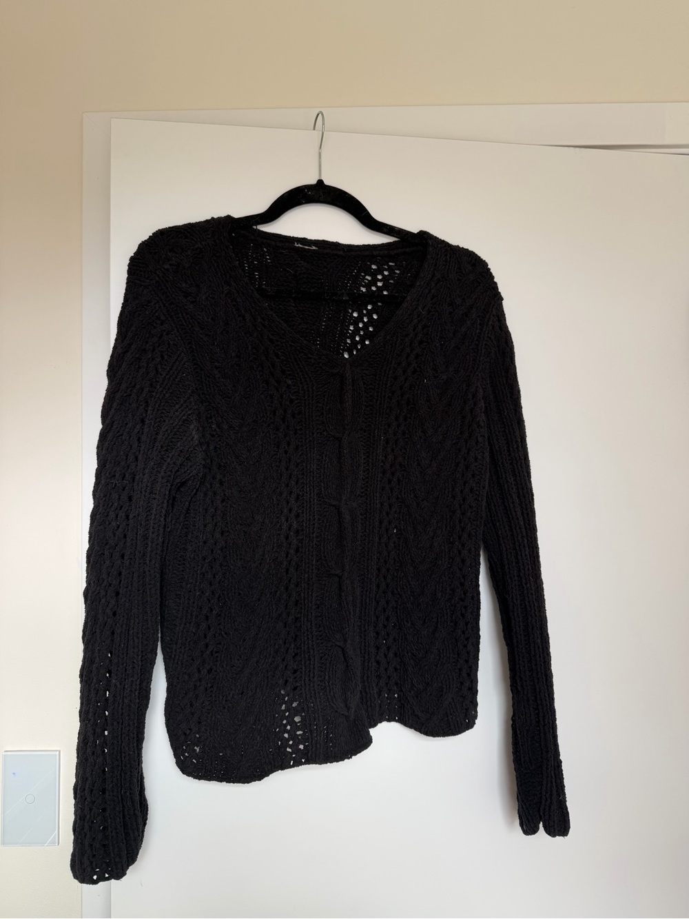 Black Cable-Knit V-Neck Women's Sweater